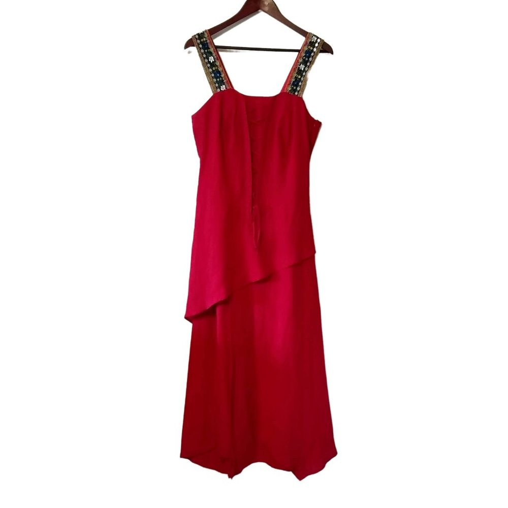 Vintage (Amann) | Red Linen Embroidered Corset Lace-Up Renaissance Maxi Dress 14